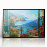 Large abstract wall art of Portofino, Italy, in vibrant colors on a black framed acrylic.