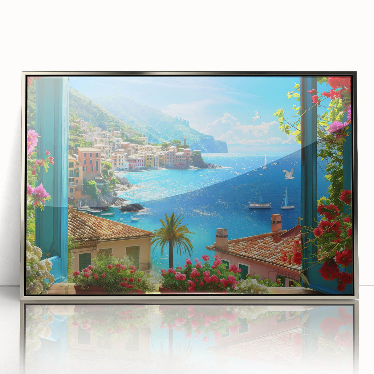 Mid-century modernist style acrylic print of Portofino, Italy in vibrant colors on a silver frame.