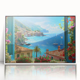 Mid-century modernist art depicting Portofino, Italy, in vibrant colors on a framed acrylic, ideal for modern art wall decor.