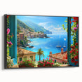 Black and white vintage poster art of Portofino landscape on framed canvas, suitable for bedroom wall decor.