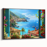 Black and white vintage poster art of Portofino landscape on framed canvas, suitable for bedroom wall decor.