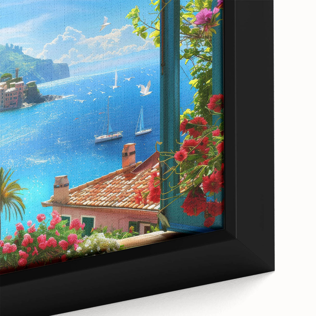 Extra large framed canvas of a textured Portofino, Italy scenery in black with colorful art accents.