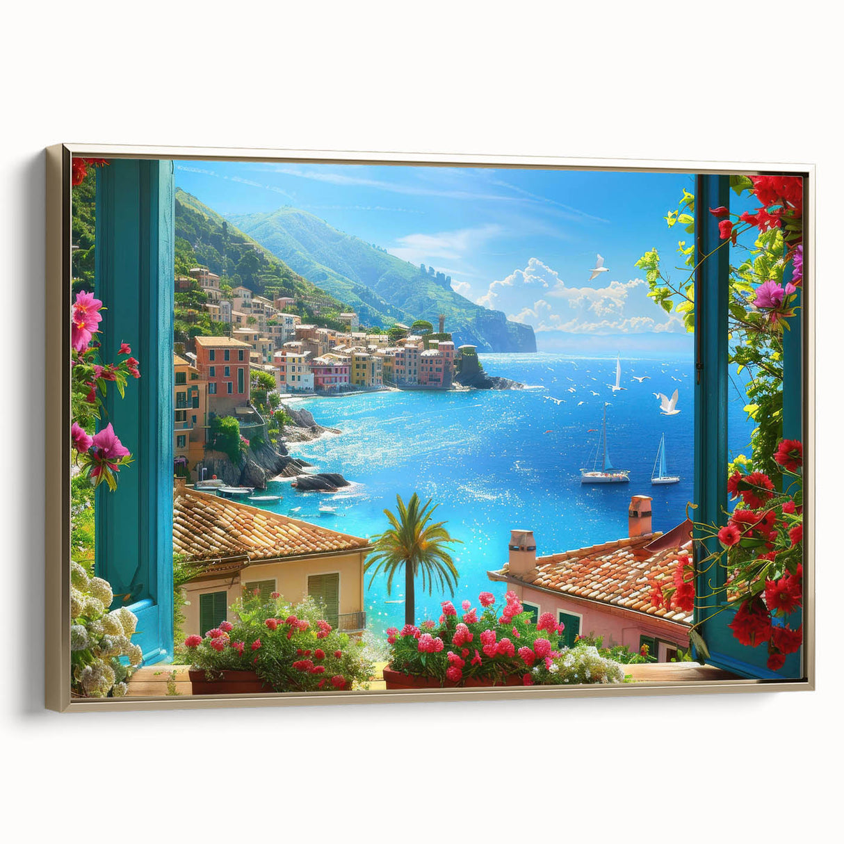 Framed canvas of a vintage-style landscape painting depicting Portofino, Italy, in muted earth tones.