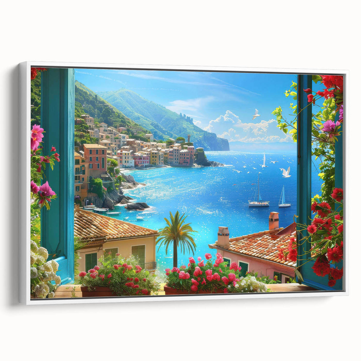 Vintage poster art of Portofino, Italy, featuring vibrant colors on a large framed canvas, ideal for living room decor.