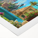 Art deco poster of Portofino, Italy, featuring vibrant coastal hues on a rolled canvas, suitable for dining room decor.