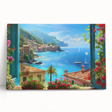 Black and white stretched canvas of Portofino, Italy, with detailed coastal view, perfect for kitchen wall art.
