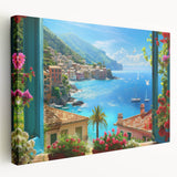 Scenic Portofino waterfront depicted in vibrant colors on a large stretched canvas, suitable for kitchen wall art.