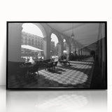 Large abstract wall art depicting a stylized Rome skyline in black and white on framed acrylic, suitable for modern decor.