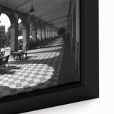 Extra large framed canvas of a textured Rome scenery in black with colorful highlights, ideal for living room decor.