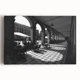 Black and white large art print of Rome's cityscape on stretched canvas, ideal for kitchen wall art or bedroom decor.