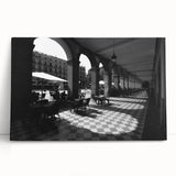 Black and white stretched canvas of Rome's architecture, ideal for kitchen wall art.