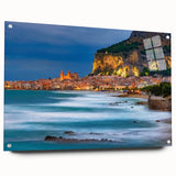 Acrylic print of a Sicilian landscape in muted earth tones, ideal for dining room decor.