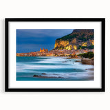 Extra large textured abstract art print of a vibrant Sicilian landscape on a black-framed canvas.