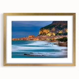 Abstract art print of Sicilian landscape in muted earth tones, framed in gold, suitable for dining room decor.