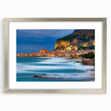 Extra large abstract art print of a Sicilian landscape in muted earth tones on textured canvas, framed in silver.