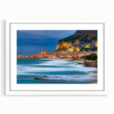 Textured abstract art print of a Sicilian landscape, featuring muted earth tones on a framed white mat.