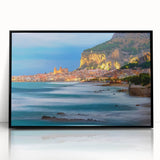 Large abstract wall art depicting a Sicilian landscape in muted earth tones on a framed acrylic.