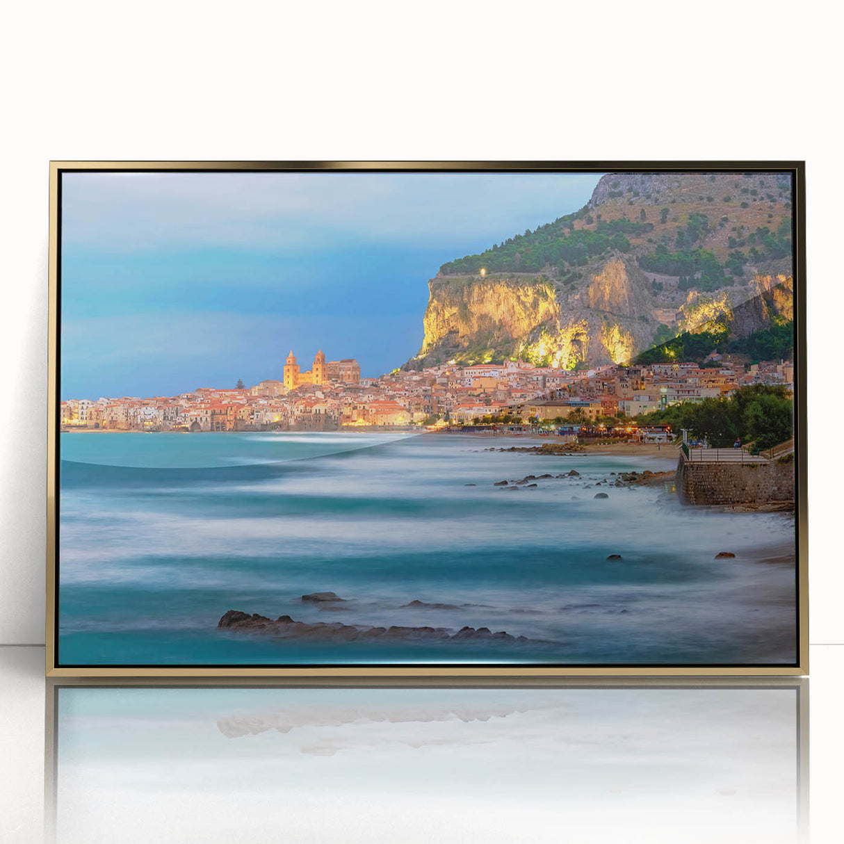 Art deco poster of Sicilian landscape in muted earth tones, framed in gold acrylic, ideal for modern art wall decor.