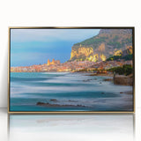 Art deco poster of Sicilian landscape in muted earth tones, framed in gold acrylic, ideal for modern art wall decor.