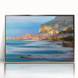 Large art print of a Sicilian landscape in muted earth tones, framed in silver acrylic, suitable for modern art wall decor.