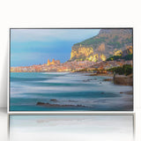 Mid-century modernist art depicting Sicilian landscape in muted earth tones, framed acrylic, ideal for nursery wall art.