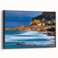 Black and white landscape art painting of Sicilian scenery, framed canvas, ideal for bedroom wall decor.