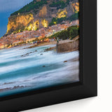 Extra large framed canvas of a textured Sicilian landscape in black with colorful accents, ideal for living room decor.