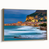 Framed canvas depicting a vintage Sicilian landscape in muted gold and black tones, suitable for bedroom decor.