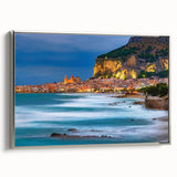 Framed canvas landscape art painting of a Sicilian coastal village, featuring vibrant colors and vintage poster style.