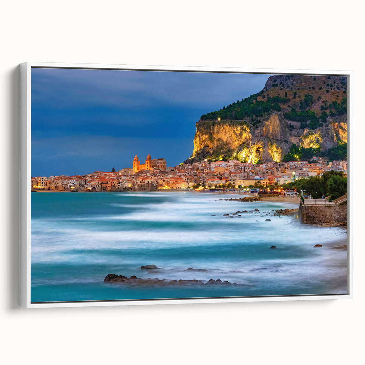 Vintage poster art of a Sicilian landscape on a framed canvas, featuring colorful art with a black border.