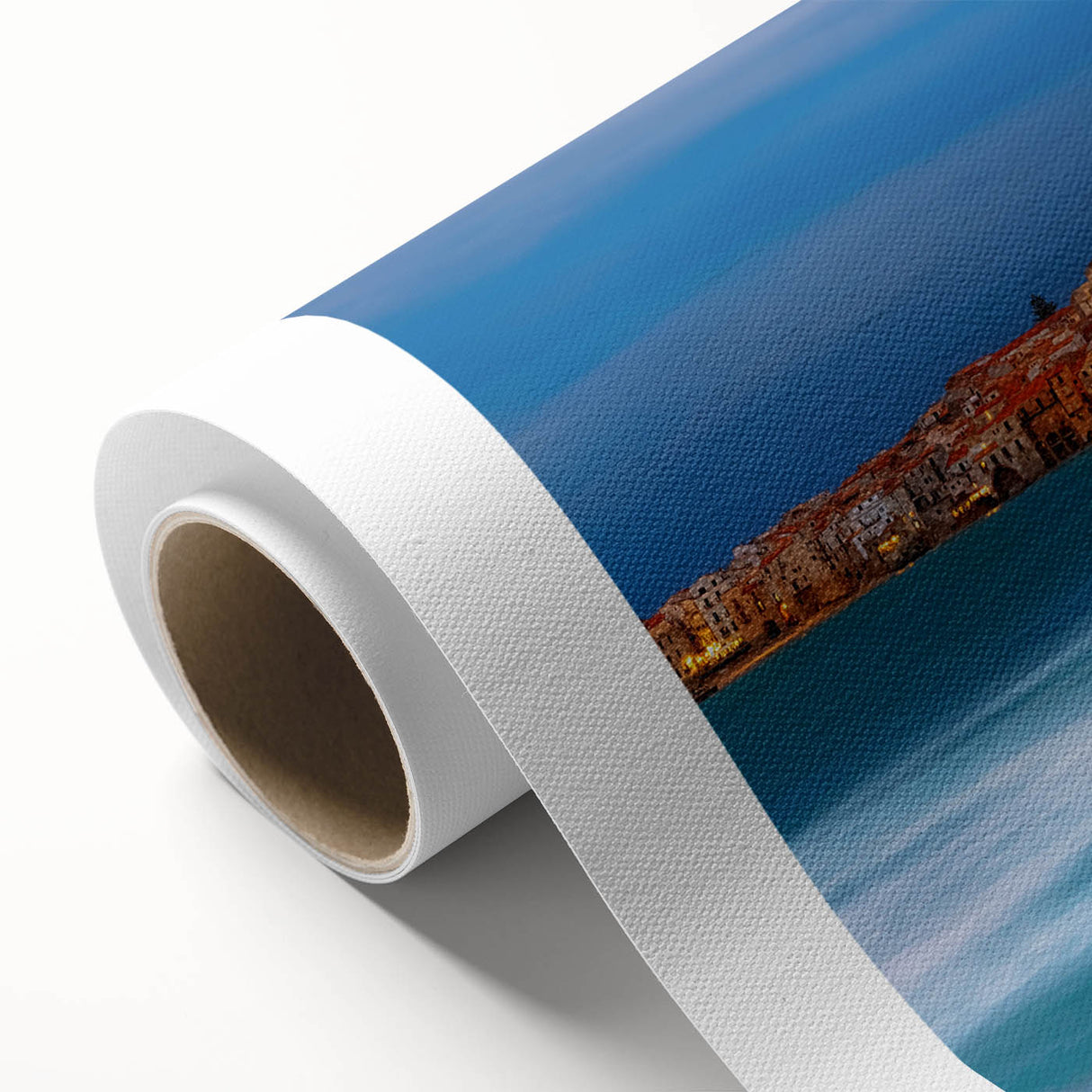 Art deco poster of Sicilian landscape on rolled canvas, featuring muted earth tones, ideal for nursery wall art.