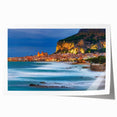 Rolled print of Sicilian landscape with vibrant floral foreground and serene blue sky, ideal for dining room wall art.