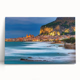 Black and white stretched canvas of Sicilian landscape, ideal for kitchen wall art.