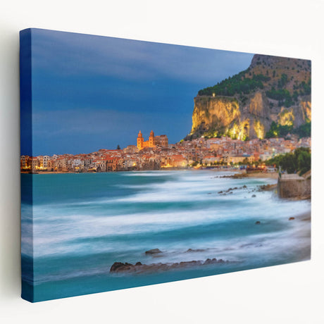 Side view of a stretched canvas featuring a serene Sicilian landscape in soft earth tones, ideal for kitchen wall art.