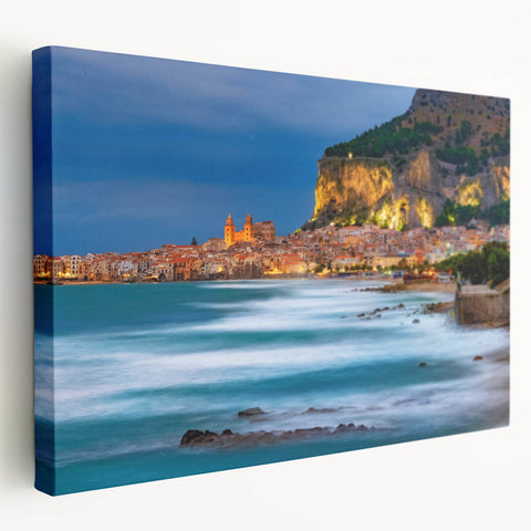 Side view of a stretched canvas featuring a serene Sicilian landscape in soft earth tones, ideal for kitchen wall art.