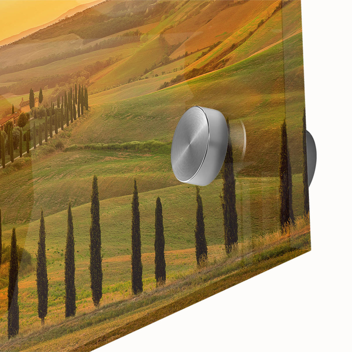 Acrylic print of a Tuscan landscape in muted earth tones, ideal for dining room art in a mid-century modernist style.