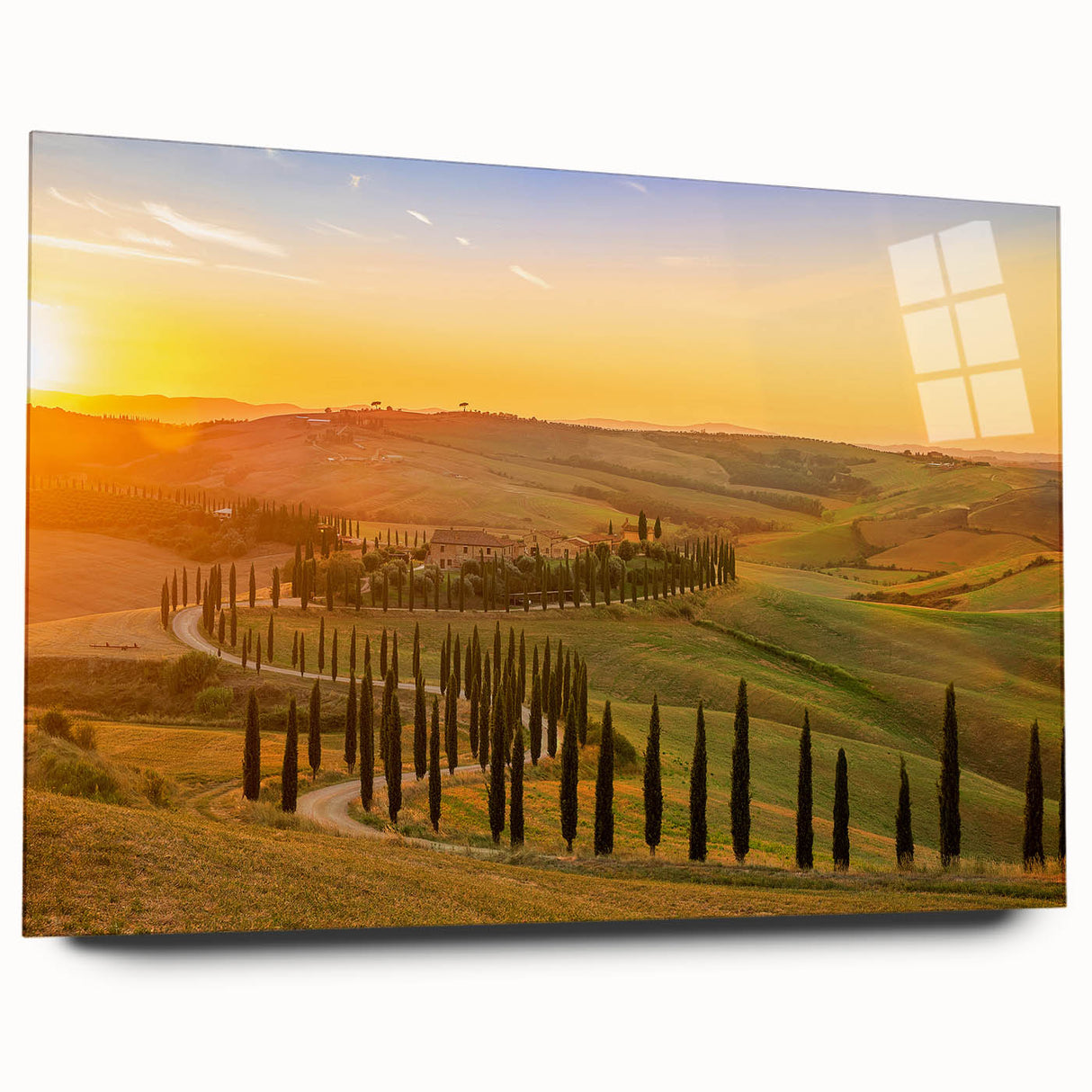 Acrylic print of a Tuscan landscape in muted earth tones, ideal for bedroom or dining room decor.