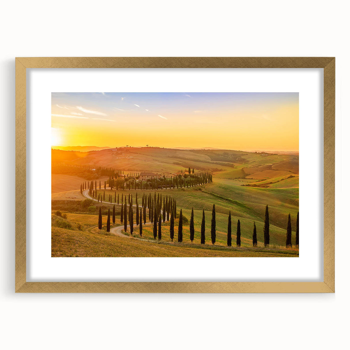 Abstract art print of a Tuscan landscape in muted earth tones on a framed canvas, suitable for dining room decor.