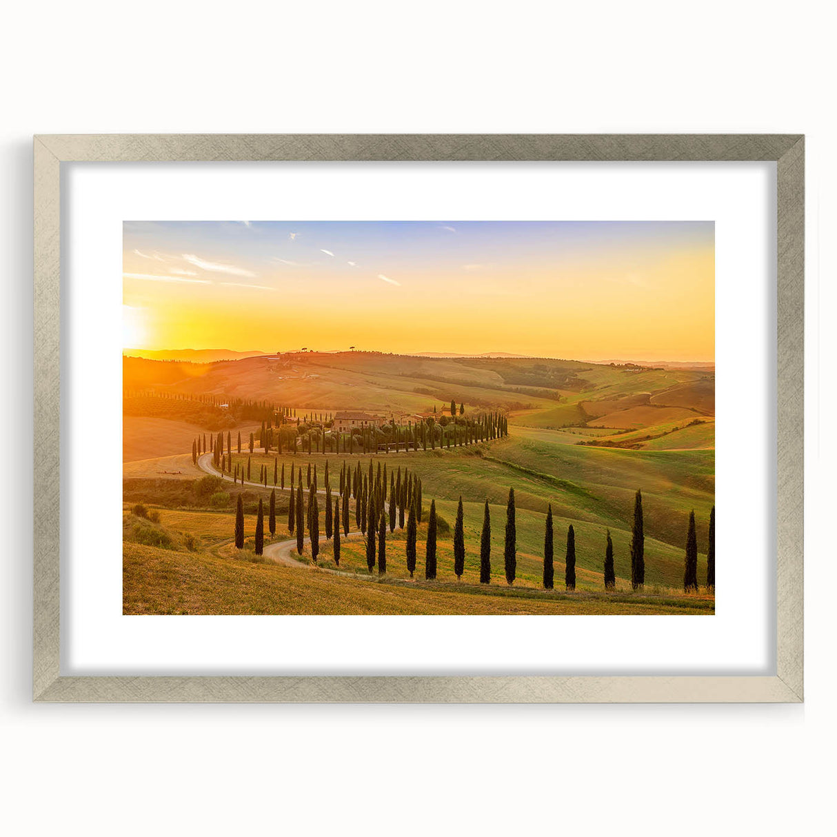 Extra large wall art depicting a textured Tuscan landscape in muted earth tones, framed in silver.