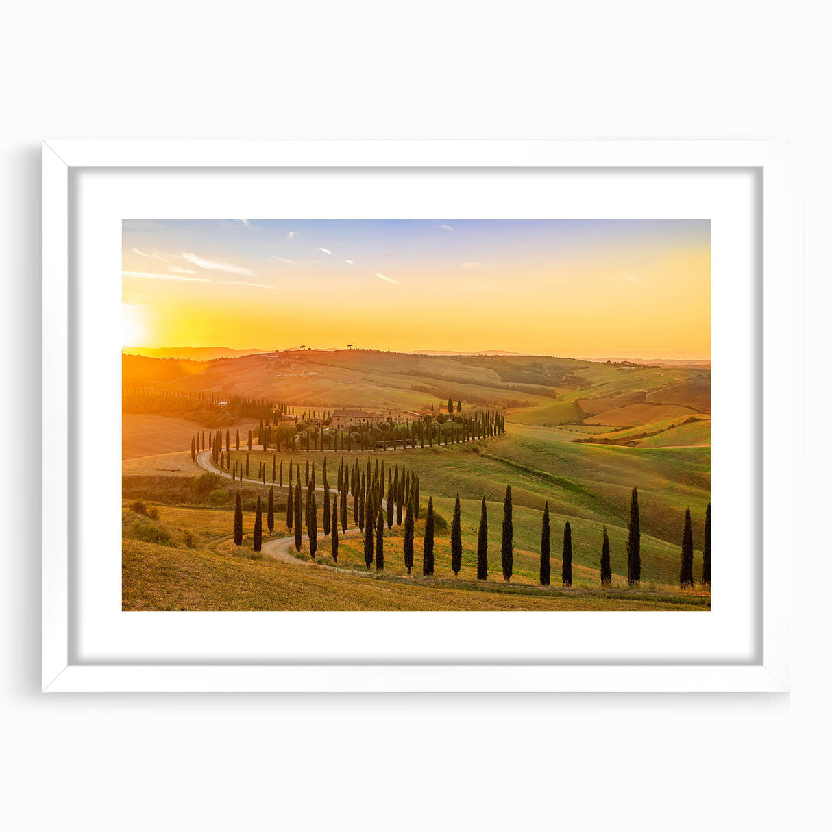 Textured art print of a Tuscan landscape in muted earth tones on a framed white mat, ideal for bedroom decor.
