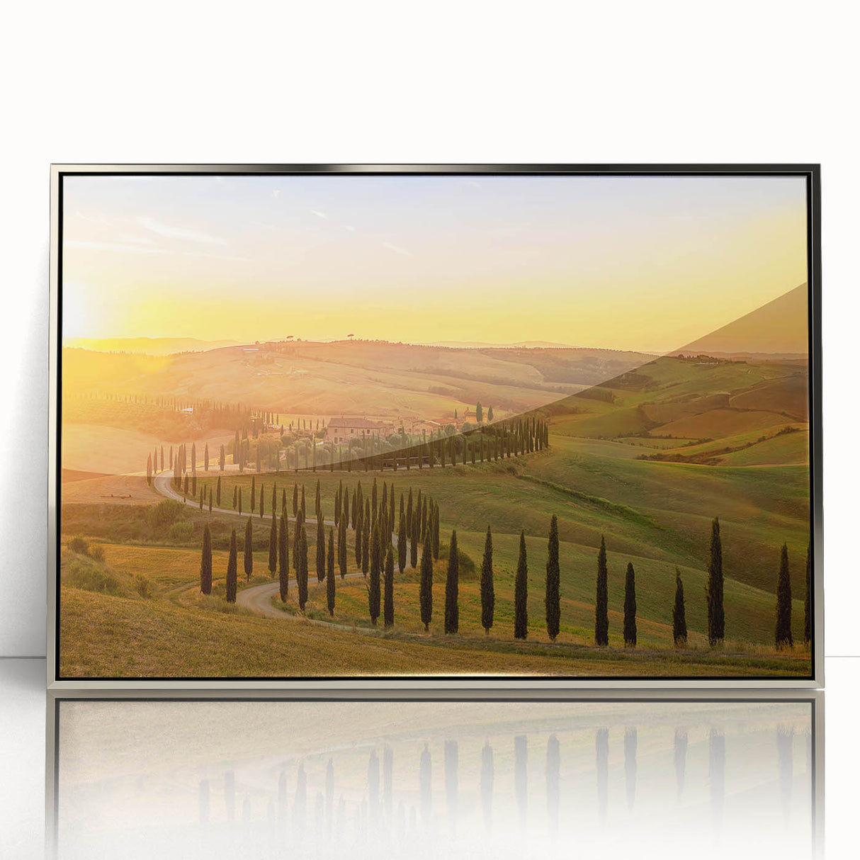 Framed acrylic print of a Tuscan landscape in soft earth tones, ideal for modern art wall decor.