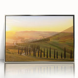 Framed acrylic print of a Tuscan landscape in soft earth tones, ideal for modern art wall decor.