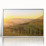 Framed acrylic print of a Tuscan landscape in muted earth tones, ideal for nursery wall art, in mid-century modernist style.
