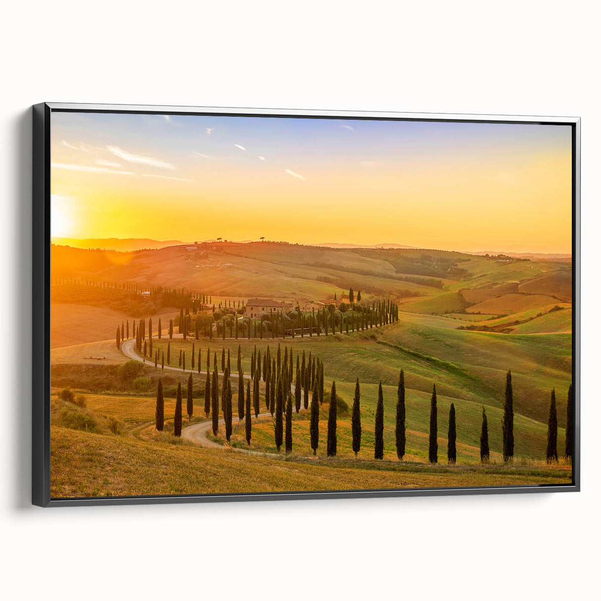 Black and white framed canvas of a Tuscan landscape with vintage poster art style, suitable for bedroom decor.