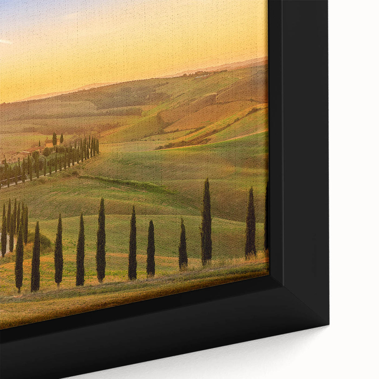 Framed canvas depicting a textured Tuscan landscape in vibrant colors, ideal for living room decor.