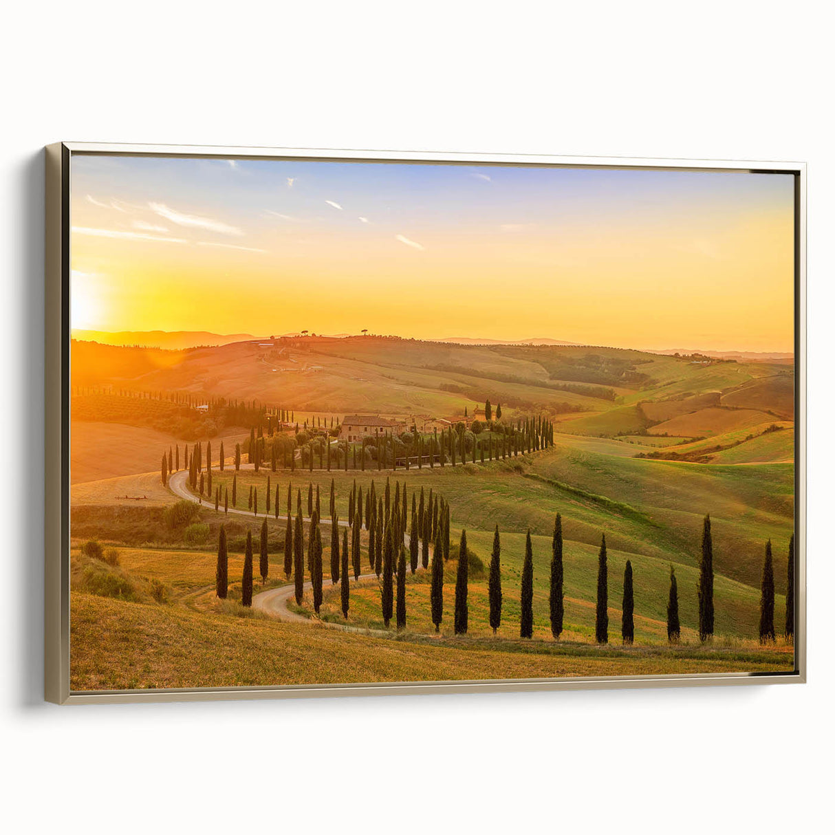 Framed canvas of a Tuscan landscape in muted earth tones, ideal for bedroom wall decor.