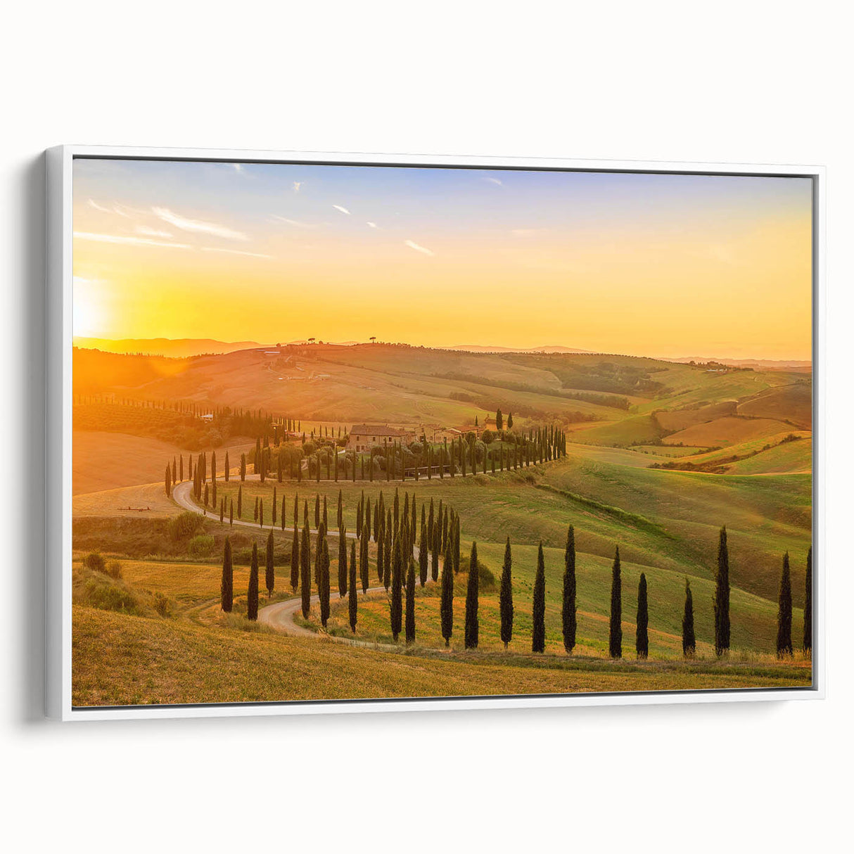 Vintage poster art of Tuscany landscape on framed canvas, featuring vibrant green and yellow fields.