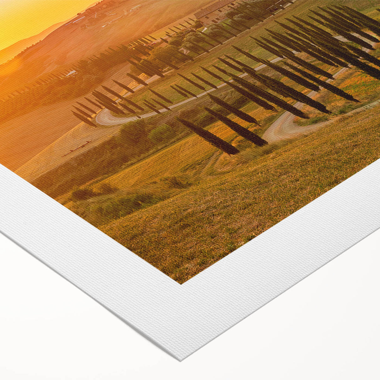 Art deco poster of Tuscany landscape in earth tones on rolled canvas, ideal for dining room wall art.