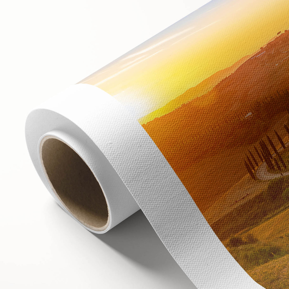 Art Deco poster of Tuscany landscape in muted earth tones on rolled canvas.