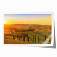 Rolled print of a Tuscan landscape with vibrant green fields and a clear blue sky, ideal for dining room wall art.